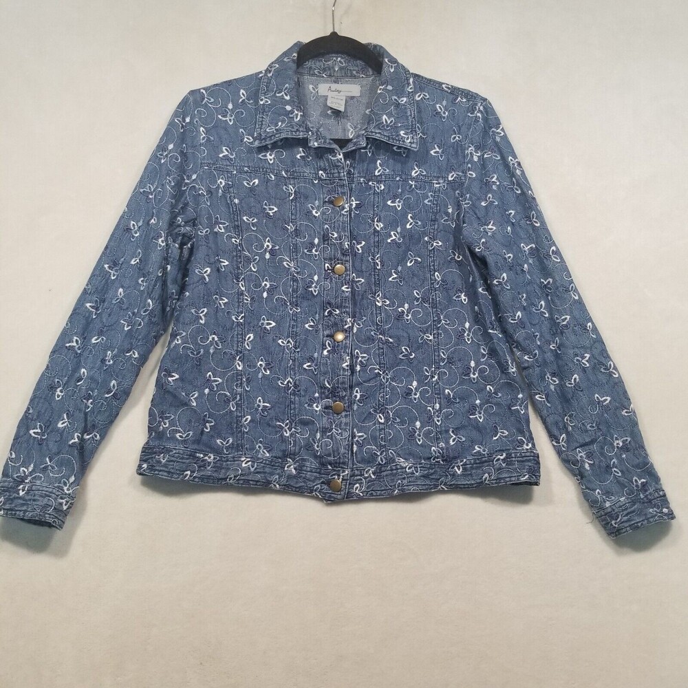Analogy M Jacket Blue Denim White Floral Embroidered Button Front Cottage Boho